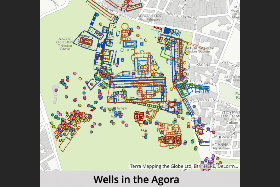 Arc Online map of vector layers showing building outlines and wells in the Agora.