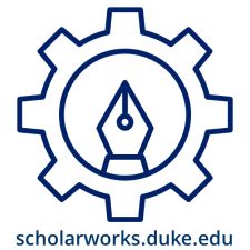 outline of a gear with the top of a fountain pen in its center and a URL below, scholarworks.duke.edu
